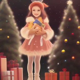 young girl with an eevee Pokémon in front of Christmas tree, realistic, 35mm