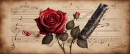 Hyper realistic red rose on a vintage paper with harmonica instrument & musical notes