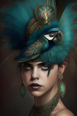 penny dreadful, roaring 20s, piercing gaze, small peacockfeather in hat, lavish egyptian jewlery