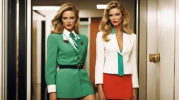 high res photo the colors are bold and vibrant, with a warm, nostalgic hue (by Helmut Newton) There, in the changing room, is Jennifer Hawkins as a school correspondant in the 1970ties, She wears a simple but neat outfit, she reorders pull-up diapers in the closet