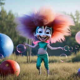 Ultra realistic circus scene. Sweet big hair monster floating. Child’s playing, smile. happy, color bubbles, smooth color, waist up view, Wes Anderson style, a lot of people background, highly detailed, concept art, unreal engine 5, god rays, ray tracing, RTX, lumen lighting, ultra detail, volumetric lighting, 3d, finely drawn, high definition, high resolution.