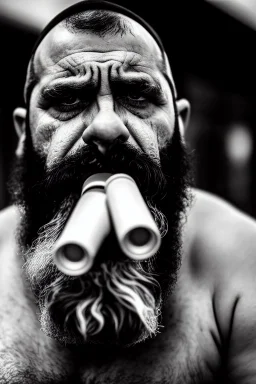 close up photography, dirty burly chubby Italian strong 48 years old homeless man, spitting milk from mouth, dripping on the beard, with dirty tank top, emotional eyes, manly chest, photo, Canon EOS, lens 35mm, natural lights, 8K, in the morning