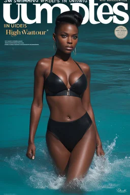 SWIMMING IN UNDIES magazine cover #65, high res photo of a black beauty with her hair slicked back, she stands in agent provocateur, the water at mid-height, looking at the camera.