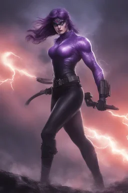 THE PHANTOM, Strong, athletic physique, action poses, skin-tight, formfitting purple bodysuit, skin-tight, formfitting purple cowl, black eye disguise, black utility belt, double holstered pistol belt, black knee-high boots, glowing white eyes, battle scars, blood, ((foggy, cloudy background, multicolored lightning, flowing lava, Full Eclipse, aliens, explosions, bright, vibrant, extremely colorful, detailed, blood red skies))