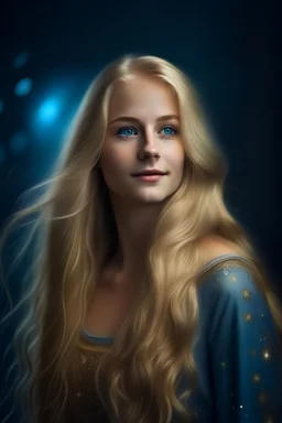 portrait of a beautiful Norwegian woman with super long blond hair, warm-hearted, goddess, starlight, stardust