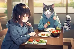 A cat with a hoodie is sitting on a table eating sushi