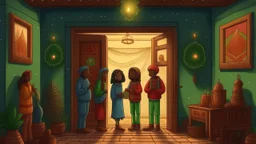 Setting: The scene unfolds at the entrance of a cozy Ethiopian home decorated for Christmas. The door is adorned with festive decorations such as twinkling lights, a wreath, and possibly traditional Ethiopian holiday decor. Characters: The three best friends consist of one woman and two men. They are all dressed in comfortable and stylish winter clothing with a touch of cultural elements. Activities: The friends are gathered by the door, engaging in lively conversation and laughter. They shar