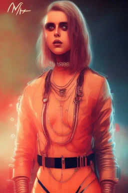 danish singer mø face, cyberpunk,orange tones, style free