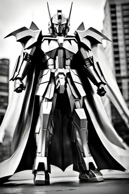Gundam inspired by Batman. Flowing cape. Action pose. Stainless steel. 1080p. Photograph.