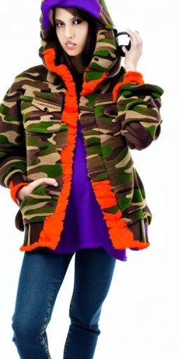 Brunette woman. average body type, think thighs and thick calves. Mantle is sewed of recycled Denim and sewed together of camouflage pieces. Printed camouflage figures are orange,terracotta, cream and purple. It is with big bright purple felt tippet and cream-colored-hood. mantle is merged with satchel. . AKG-style headphones (gold rings!) is merged with small felt cap with small visor. Style: Haute Couture in 1936, Paris fashion in 2023, inspired by street art. Cream latex gaiter.