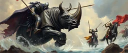 knights and lances tournament, horses hit hard, oil and airbrush, epic fantasy illustration, black giant on vampire rhino with steel gauntlets, scared knights jumping into water