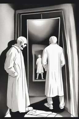 a man looking into a mirror and seeing a horrifying, abstract ghostly reflection