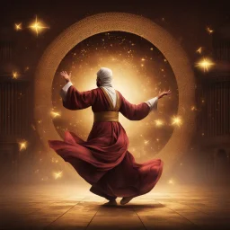 Hyper Realistic Sufi Whirling with Golden, Maroon & Brown Islamic Sufi Rustic Grungy Background with Islamic Architecture at night with glowing fireflies