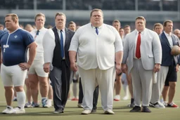 Overweight white politician wearing a suit; next to him a group of thin, muscular athletes in sports clothes; outside, sports field; realistic, photographic