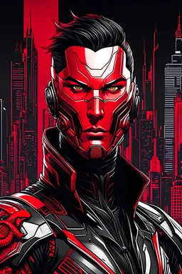 Retrato dibujo de contorno de Dragman con antifaz de dragón, negro y rojo con traje cyberpunk, fondo ciudad