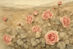 beautiful intricate rose field, soft delicate watercolor, dramatic, perfect composition, by Arthur Rackham highly detailed intricate very attractive beautiful fantastic view watercolor Arthur Rackham Jean-Baptiste Monge Egon Schiele muted tones professional Enki Bilal patchwork watercolor and ink Xuan Loc Xuan