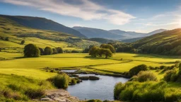 View in the English Lake District with beautiful sky, late afternoon sunshine, stone walls enclosing the fields, mountains and valleys, river, lake, calm, peaceful, tranquil, rule of thirds, beautiful composition, exquisite detail