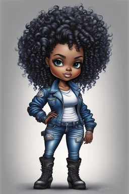 create an airbrush illustration of a chibi cartoon voluptuous black female wearing a blue jean outfit with biker boots. Prominent make up with hazel eyes. Extremely highly detail of black and blonde tight curly hair. Background of a bike show.