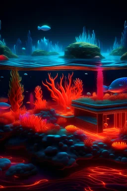 A neon-lit ocean with glowing coral and a jetty, where the fish resemble circuit boards, and the sand is crystallized with flowing liquid magma, showcasing a surreal and technological underwater landscape