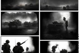 Masterpiece1:5)(Fineart), (award-winning:1.5), highest quality, (ultra realism:1.5) war journalism(,(by Tim Page and Hoorst Faas:1.5))(photorealistic:1.8),RAW pictures (Eastern Ukraine:(panel one:the moment after a battle ends, horrors of war, wounded men),(2nd panel, cinematic shot of men sitting in trench with 1000 yard stare (focus on their eyes:1.5)),(the third panel shows troops tired but hyper alert), (the fourth panel shows the sky is filled with incessant, fire and smoke,)