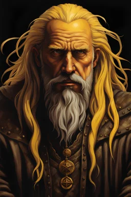 big middle aged man in a poor mans dark brown travelers cloth. he has long, unruly yellow hair and unruly yellow beard. show all of the head. anatomically correct hands. perfect hands. Style of Clive Barker