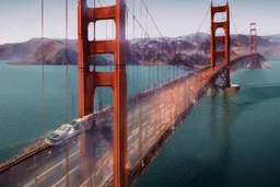 A Tesla 'Model Y' is drifting at high speeds, on the 'Golden Gate' bridge. (CINEMATIC, WIDE ANGLE LENS, PHOTO REAL)