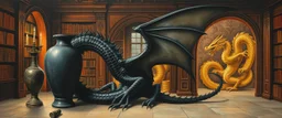 master oil painting by Escher and Giger, glaring vases and black humanoid dragon and hidden golden dragon inside library
