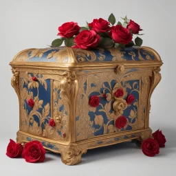 A golden antique chest with red roses and midnight blue appliqués.White background