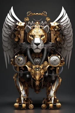 Facing front mechanical cyborg lion turtle straddle wings detailed, intricate, mechanical, gears cogs cables wires circuits, gold silver chrome copper