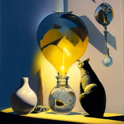 Abstract painting formed by a mix of human flesh-like surgical instruments and universe-like neuralink, a cat looking at a pigeon inside a huge bulb between light and shadow at dusk,surrealism,minimalism,Painting By Adrian Ghenie, Rene Magritte, Salvador Dali, Lucian Freud