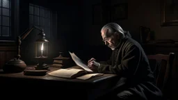 In this chapter full of secrets and suspense, we see John Harrison discover his grandfather's diary, which represents one of the most important keys to understanding the mysterious history of his family. The picture shows John sitting in a dark room, holding his grandfather's diary in his hands, his eyes scanning the pages with curiosity and awe. Dim light from the table lamp spreads, highlighting the details of the old room filled with old books and antiques. The color of yellow light reflects