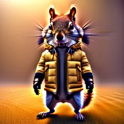 Squirrel toddler, steampunk headphone, sunglass, gangsta neckless, full body, yellow puffer jacket, tokio background, dramatic lighting, hyper realistic, unreal engine 5, 16k