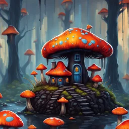 A weird mushroom house with drippy spots and eyeballs on a floating island. black blue red orange. Detailed gloss Painting, rich color, fantastical, intricate detail, splash screen, hyperdetailed, insane depth, concept art, 8k resolution, trendi