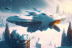 spaceship flying low over a snow-covered city