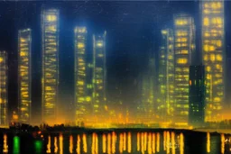 Night, cyberpunk buildings near pine trees, impressionism painting