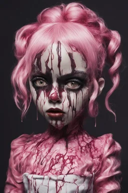 full color, illustration of a darkred and pink tones, menacing, Singer Melanie Martinez face, as a decayed, broken, skin turned translucent, black veins that extended like roots beneath her skin, latex suit, crude homemade cloth doll toy, with a narrow cracked porcelain face, thick dark eyebrows, hair in two gradually, made from ragged strips of cloth, in the style of Alex Pardee, Tim Burton, and Nadya Sheremet