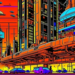 cyberpunk retro futuristic for comics from far away in orange
