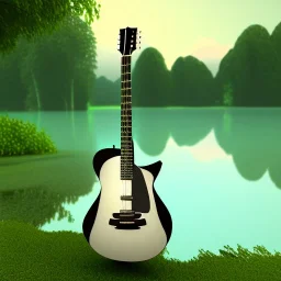 guitar is leaning at a beautiful green Tree, in front of a lake, photorealistic