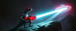 volume fog light, hyper real rock lizard man general with hi tech transcendent weapon arsenal from hell, guarding bridge up to space saucer neon plastic transparent