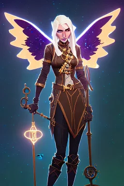 starry night, blonde steampunk angel holding staff, majestic