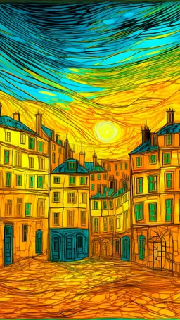 A yellow electrical city painted by Vincent van Gogh