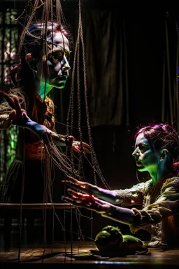 a digital image of a woman seated on a table, she is connected to string like a puppet, arms in air, moved by the strings, puppet like features in the face, beautiful face, behind her is a huge image of a man holding the strings, creepy character,.zoomed in, dark and shadowy background with selective lighting on the woman