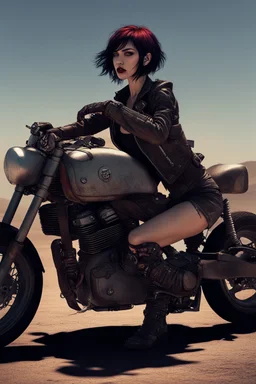 vampire girl showing fangs with short cropped cyberpunk hair riding a cafe racer motorcycle in a post apocalyptic wasteland at dawn