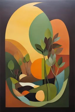 Eco-Minimalism" - Depict the idea of sustainability and eco-consciousness in a minimalist painting that incorporates organic shapes and earthy colors with vibrant dark shades