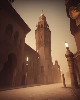 An old Arab city with a big gothic_arab gate in a sandstorm. Cinematic lighting