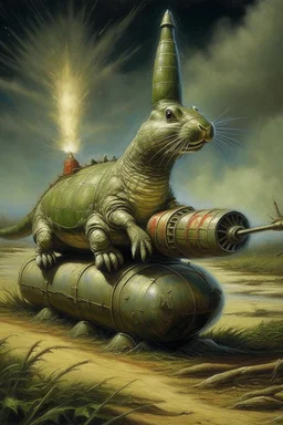 military bunny crocodile that looks like a rocket going in for landing, prize winning oil painting