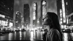 new york late night, tall skyscrapers, girl looking at the sky on the street in the rain, photographic, black and white