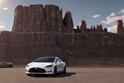 A Tesla 'Model Y' is parked, near the 'Devils Tower' in Wyoming. (CINEMATIC, WIDE ANGLE LENS, PHOTO REAL)