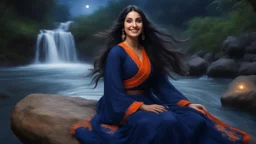 Hyper Realistic Photographic Close Face View Of A Beautiful Young Pashto Woman With Beautiful Long Black Hair Whirling, Wearing Beautiful Navy-Blue Frock With Orange Embroidery And Navy-Blue Dupatta Happily Sitting On a big-rock in the middle of River Water & Smiling, In A Jungle Riverside With Beautiful Waterfall From Mountain With Full Moon with Stars Along With Fireflies Around Her At Night Showing Dramatic And Cinematic Ambiance.