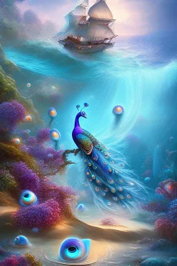 mystical beach, peacock, mystical, dreamlike, romanticism, fine detail, high quality, raining, rain droplets, beautiful colors, soft lighting, fish,